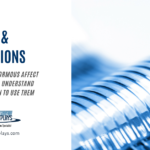 A blog post graphic with the title "CABLING & CONNECTIONS" in large blue text. Below, smaller grey text reads "WIRING HAS AN ENORMOUS AFFECT ON IMAGE QUALITY. UNDERSTAND WIRE TYPES & WHEN TO USE THEM". To the right, a close-up, slightly blurred image shows a blue flexible flat cable with visible conductive traces. The "AGDisplays" logo and website address are in the bottom left corner.