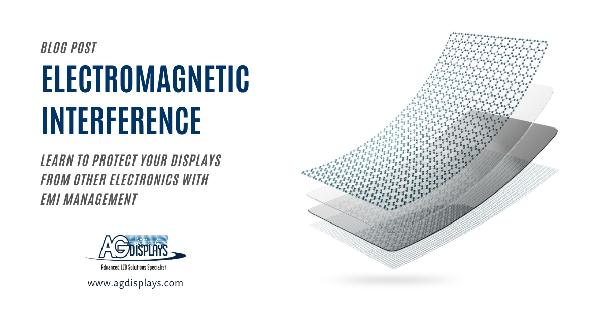 A digital blog post graphic with the title "ELECTROMAGNETIC INTERFERENCE" in large blue text. Below, smaller grey text reads "LEARN TO PROTECT YOUR DISPLAYS FROM OTHER ELECTRONICS WITH EMI MANAGEMENT". To the right, a 3D diagram shows four slightly separated and curved layers: a top layer with a teal hexagonal pattern representing graphene, followed by a transparent sheet, a semi-translucent grey sheet, and a bottom fine grey grid. The "AGDisplays" logo and website address are in the bottom left corner.