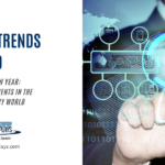 A blog post graphic titled "DISPLAY TRENDS FOR 2020" with the subtitle "TRENDS FOR THE NEW YEAR: EXCITING DEVELOPMENTS IN THE DISPLAY TECHNOLOGY WORLD". The AGDisplays logo and website address (www.agdisplays.com) are at the bottom left. On the right side, a partially visible person in a suit interacts with a futuristic-looking interface featuring interconnected circular icons representing technology concepts, overlaid on a world map and binary code background.