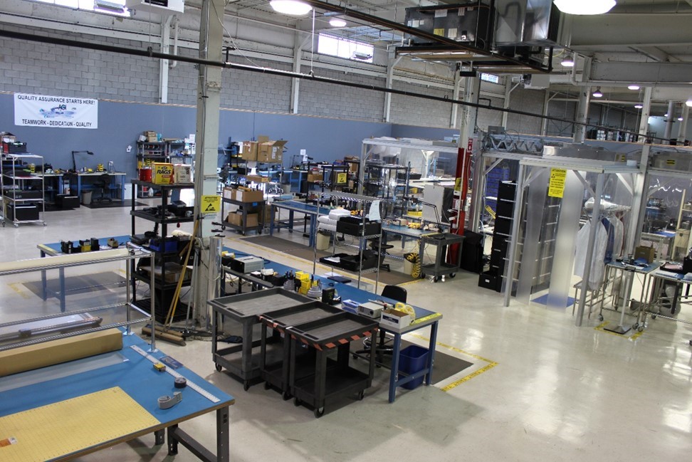 A view inside the AGD production floor, including our assembly tables and cleanroom.