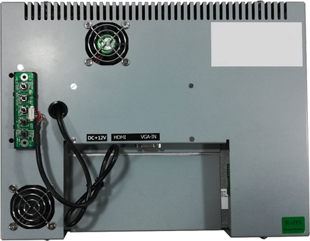 The reverse side of an LCD showing the locations of mounted hardware and cables.