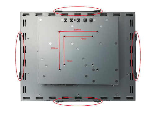 Reverse side of an LCD display showing various measurements to the locations of mounting holes