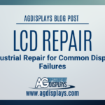 A blurred image suggesting an industrial or technological setting is overlaid with a light gray banner stating "AGDISPLAYS BLOG POST" at the top, followed by "LCD REPAIR Industrial Repair for Common Display Failures," and the AGDisplays logo with "www.agdisplays.com" at the bottom. The color palette is predominantly blues and grays.
