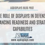 A slightly blurred view of a modern aircraft cockpit with various digital displays and controls, overlaid with a white banner stating "AGDISPLAYS BLOG POST" at the top, followed by "THE ROLE OF DISPLAYS IN DEFENSE: ADVANCING READINESS AND STRATEGIC CAPABILITIES," and the AGDisplays logo with "www.agdisplays.com" at the bottom.