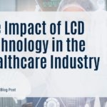 A semi-transparent white rectangle overlays a blurred background with medical and scientific imagery, including a person in medical attire, brain scans, data visualizations, and scientific equipment. The rectangle contains the bold blue text 'The Impact of LCD Technology in the Healthcare Industry' with an underline. Below it, in smaller blue text, reads 'AGDisplays Blog Post'. A QR code is present in the bottom right corner of the white rectangle.