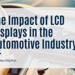 A blurry interior view of a modern car dashboard with a steering wheel on the left and a wide digital display screen dominating the center. The screen shows an abstract outline of a car and various icons, implying navigation or vehicle information. Overlaid on this image is a semi-transparent white rectangle containing the bold blue text 'The Impact of LCD Displays in the Automotive Industry' with an underline. Below it, in smaller blue text, reads 'AGDisplays Blog Post'. A QR code is present in the bottom right corner of the white rectangle.