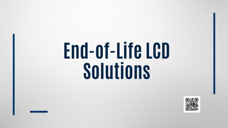 Image featuring the text "End-of-Life LCD Solutions" in bold blue font on a light gray background, with vertical blue lines on the sides and a horizontal blue line below the text, accompanied by a QR code in the bottom right corner.