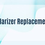 The image is a blog header with the title "Polarizer Replacements" in large, dark blue text centered on a light background. A flowing, wave-like pattern of thin blue lines runs across the image. In the bottom right corner, there is a QR code.