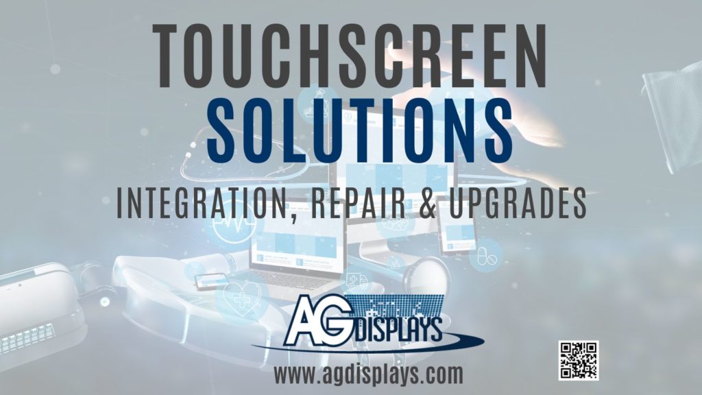 An advertisement image for AGDisplays featuring the text "TOUCHSCREEN SOLUTIONS" in large letters, with "INTEGRATION, REPAIR & UPGRADES" below it. The image includes the AGDisplays logo, website (www.agdisplays.com), and a QR code at the bottom. The background shows a blurred futuristic scene with touchscreen devices, icons, and a hand interacting with a display, emphasizing advanced technology and industrial use