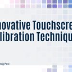 A promotional image for an AGDisplays blog post titled "Innovative Touchscreen Calibration Techniques" in bold blue text. The background features a grid of colorful squares in shades of blue, purple, and pink. The text "AGDisplays Blog Post" is displayed at the bottom left, and a QR code is located at the bottom right for additional engagement.