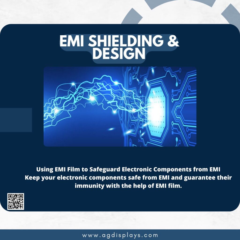 Promotional graphic for EMI Shielding & Design featuring a futuristic circuit board with electric sparks, text explaining the use of EMI film to safeguard electronic components, a QR code, and the AGDisplays website URL.