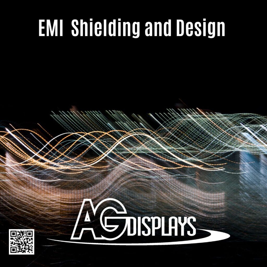 Promotional image featuring the title "EMI Shielding and Design" in white text on a black background, with abstract colorful wavy light trails representing electromagnetic waves, the "AGDISPLAYS" logo at the bottom, and a small QR code in the lower left corner.