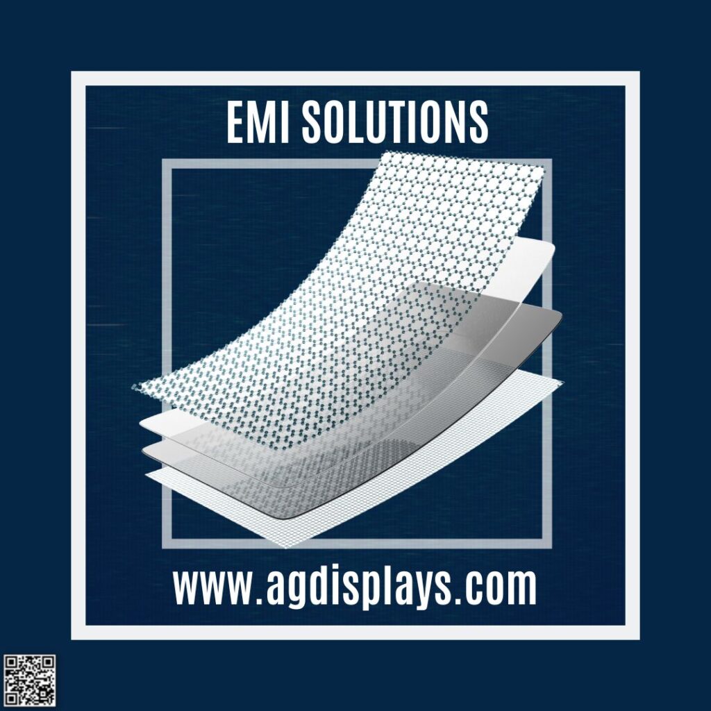 AGDisplays promotional graphic titled "EMI SOLUTIONS" featuring a 3D illustration of layered shielding materials, with the company website URL and a QR code on a dark blue background.