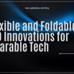 Promotional banner titled "Flexible and Foldable LCD Innovations for Wearable Tech" from AG Displays, featuring a dark blue gradient background with dot patterns, company handle, website, phone number, and a QR code.