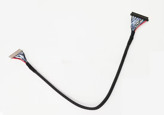 Custom LVDS cable assembly for LCD electronics showing twisted-pair wiring for low-noise data transfer