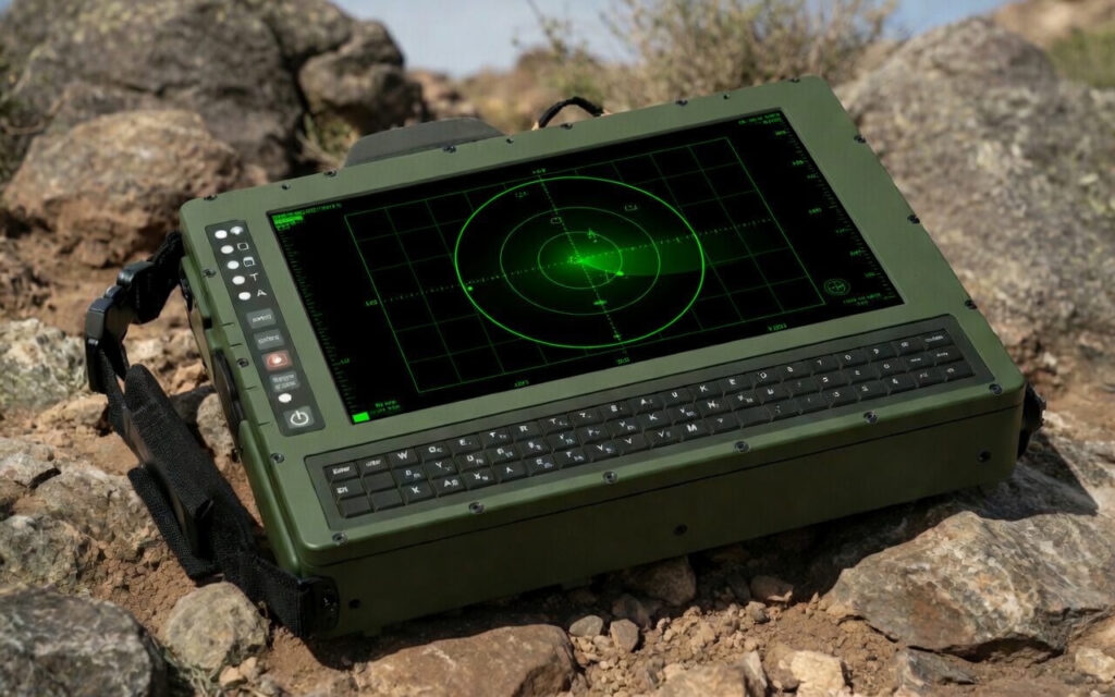 Olive-green rugged military tablet with integrated physical keyboard and large low-power LCD screen displaying green tactical radar/navigation interface, placed on rocky desert terrain with mountains in the background. Demonstrates sunlight-readable, high-reliability display technology for battery-powered devices in demanding defense and field applications.