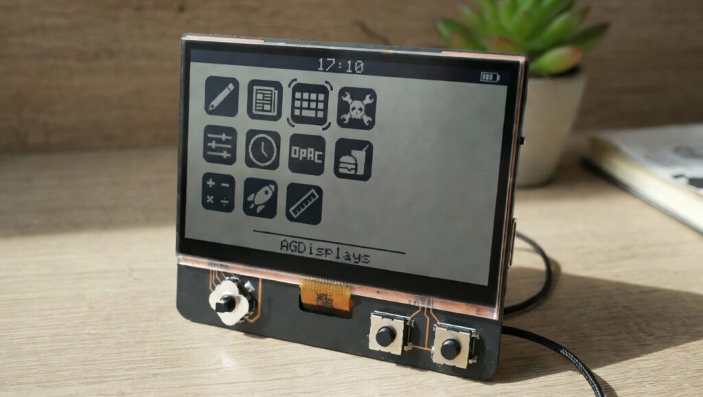 AGDisplays low-power LCD prototype module on a custom development board with physical buttons, displaying a menu of monochrome icons, time 17:10, and “AGDisplays” branding on a wooden desk. Illustrates high-contrast, energy-efficient display technology for battery-powered rugged applications.