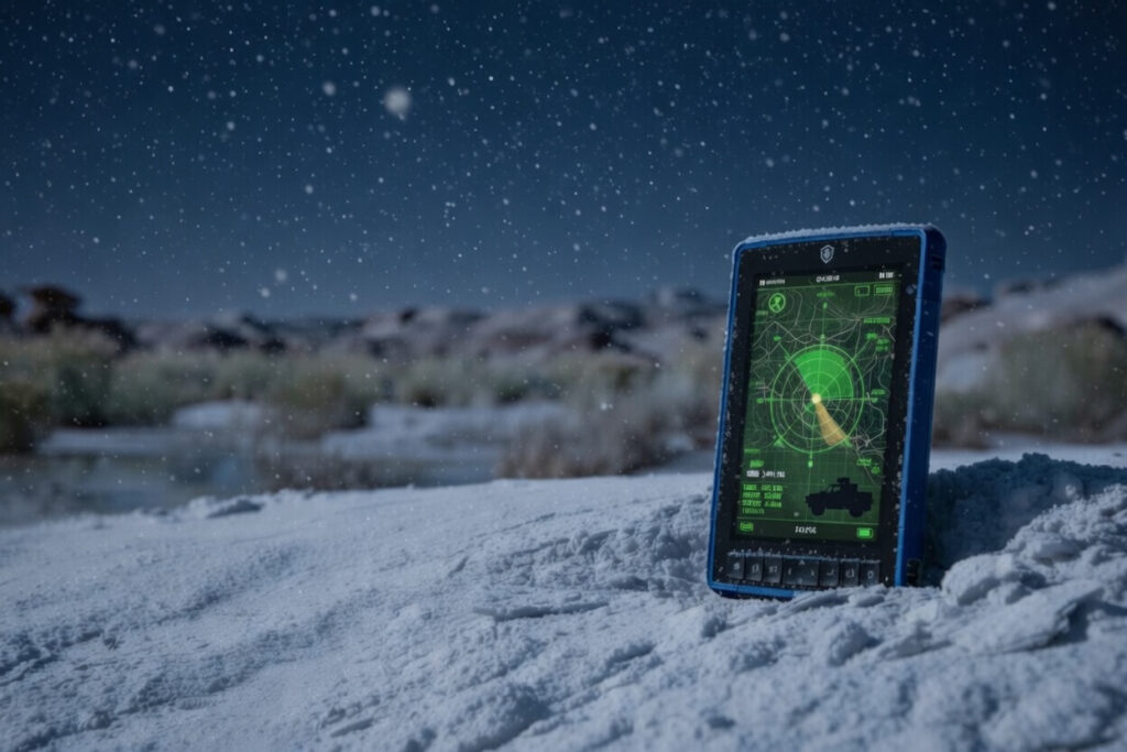 Rugged blue handheld tablet with illuminated low-power LCD screen displaying GPS navigation, standing upright in deep snow during a nighttime snowstorm, demonstrating wide-temperature performance and reliability for battery-powered rugged devices in extreme cold conditions.