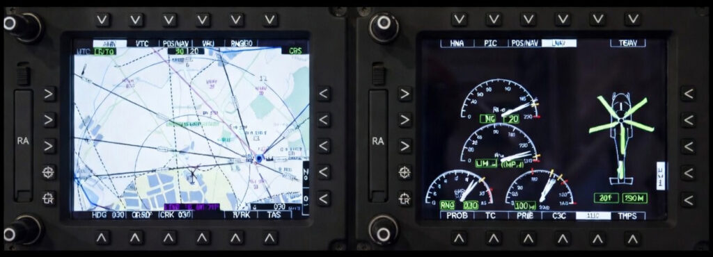 Dual-screen rugged tactical LCD display showing navigation map and flight instruments. MIL-STD-810 qualified display designed for vibration resistance, wide temperature operation, and reliable performance in military vehicles and aircraft.