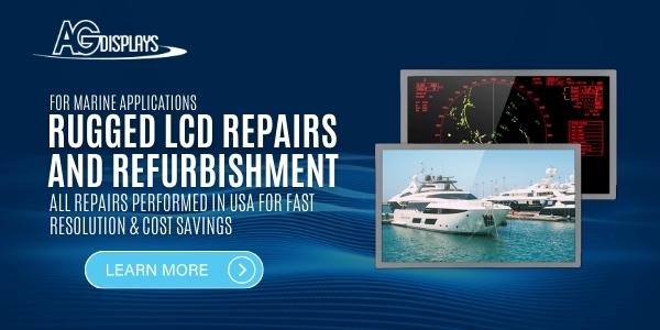 Marine application rugged LCD display repair services by AGDisplays. Shown with luxury yachts, highlighting specialized marine display repair and refurbishment.