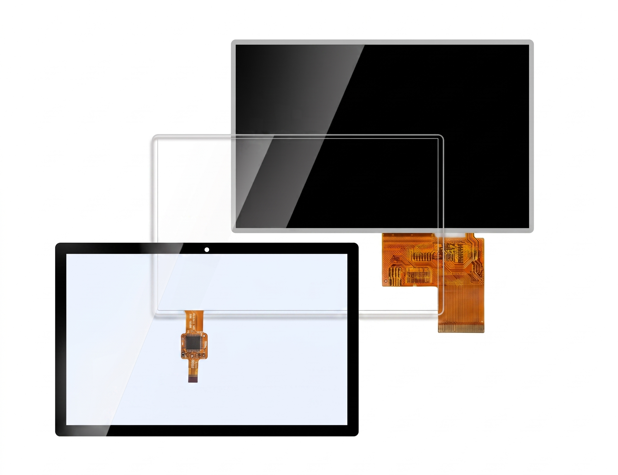 An exploded assembly view against a white background showing three primary screen components: a display module with complex detailed gold circuitry on its flexible circuit board on the right, an intermediate transparent layer, and a front touch panel/cover glass with a black bezel, camera hole, and flexible connector on the left.