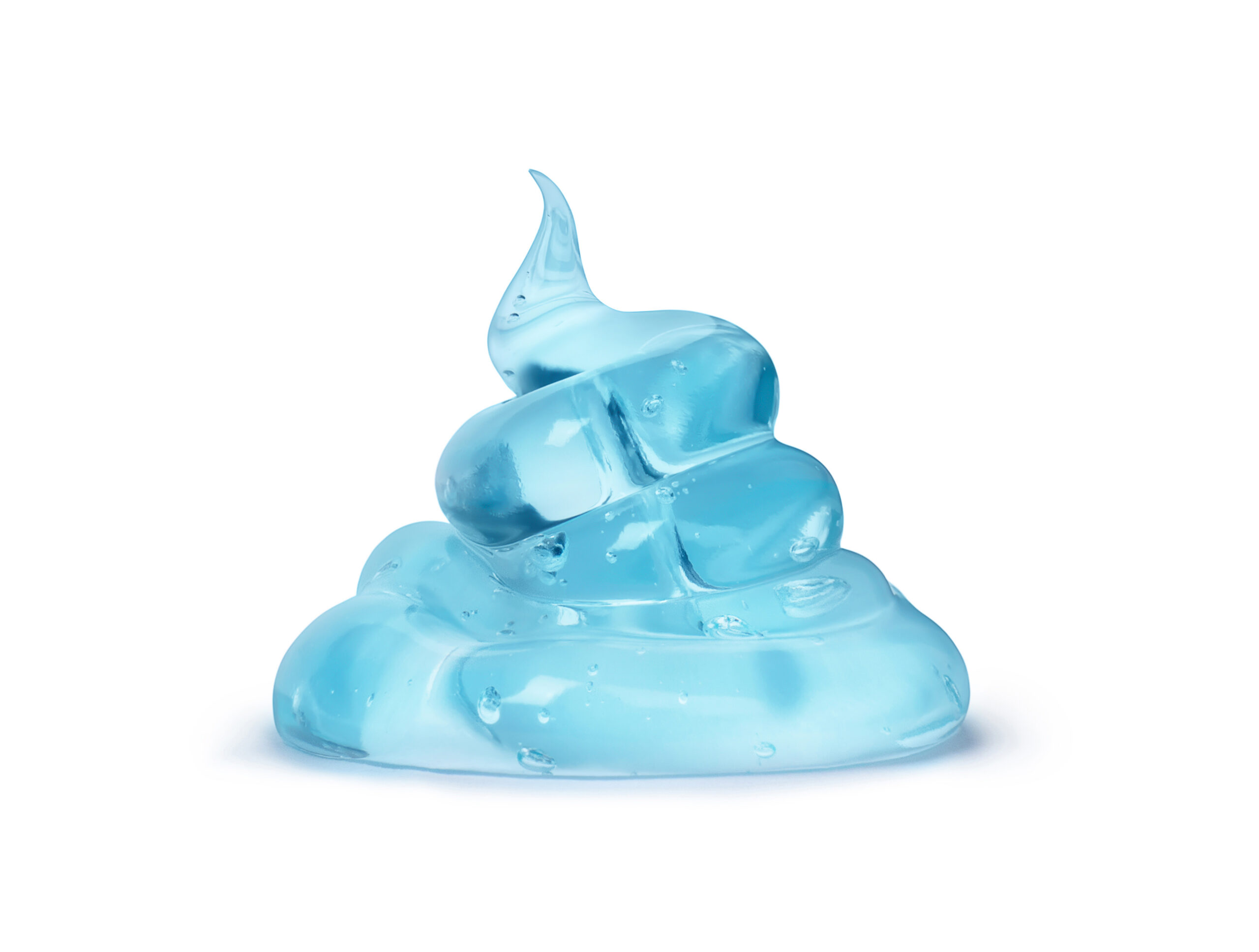A stylized dollop of viscous, swirled transparent light blue gel containing small, trapped internal air bubbles, isolated against a white background.