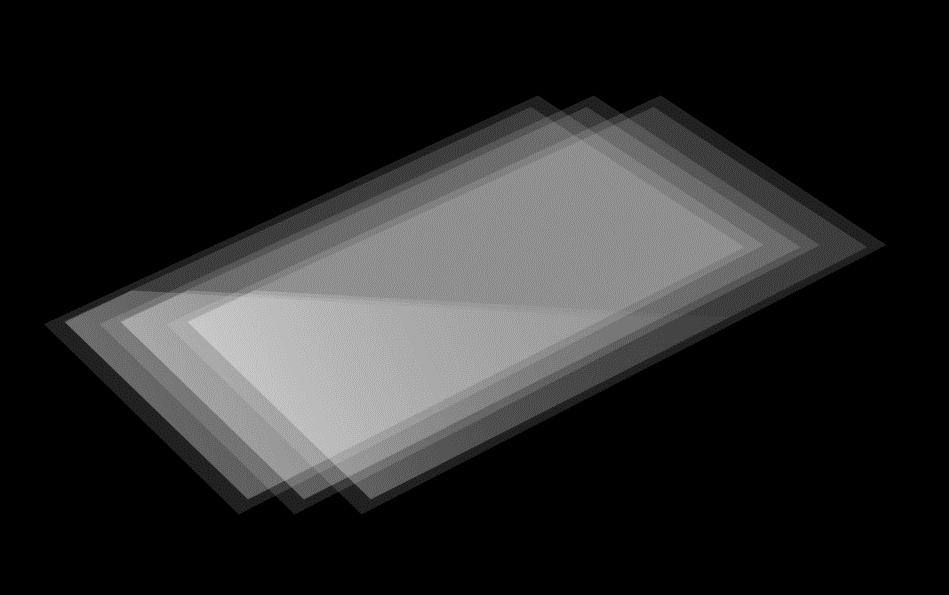 Three fanned, overlapping translucent rectangular panels with slightly reflective surfaces layered against a black background, illustrating the structural difference in a bonding stack.